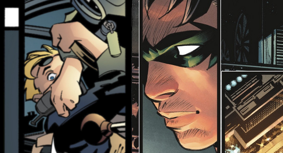 2 panels side by side, young bernard from robin 1993 and older red robin tim from urban legends