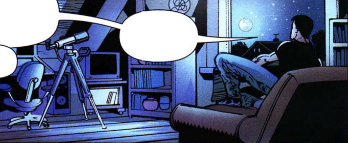 Comic panel from Teen Titans 2003 Annual #1 showing Kon flying through his den at the top of the barn