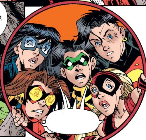 Circular comic panel from Young Justice 1998 featuring headshots of Tim, Kon, Bart, Cassie and Cissie