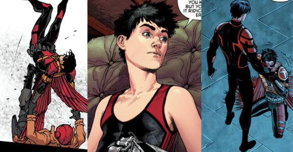 Alt text: Three side by side images of New 52 Tim Drake. Left is Tim being lifted into the air by Jason in a gymnastics move. Middle is a headshot of Tim in gymnastics uniform. Right is Tim kneeling at Superboy's feet, shaking